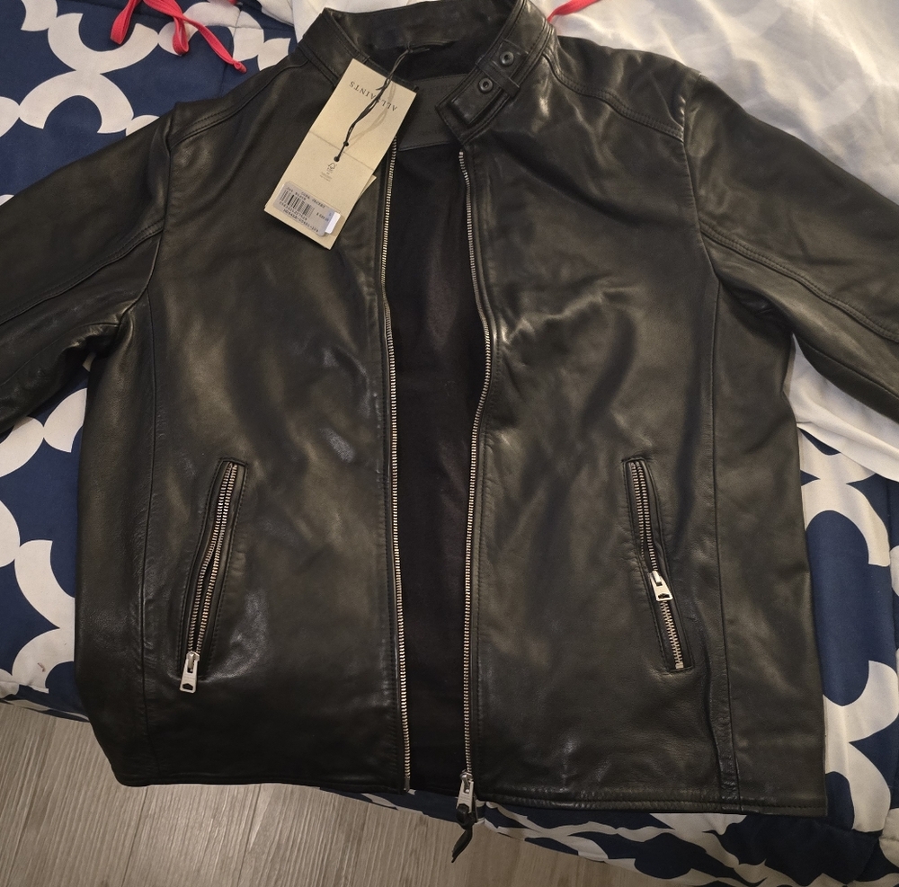 ALL SAINTS Black Leather Bomber Jacket with Zipper Details